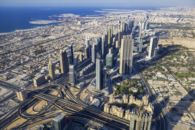 aerial view dubai city from top tower